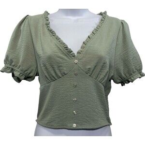 Timing Babydoll Top Junior Size Medium Sage Green Cropped Smocked Back Ruffled